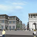Modern Commercial Street With Pedestrians Strolling Shops Green Plants And Vibrant Atmosphere