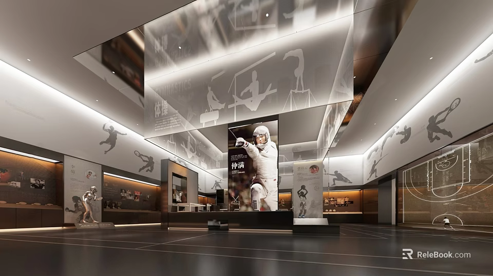 Spacious Modern Exhibition Hall Interior With Large Display Screen And Athlete Figure Decorations 3d model 