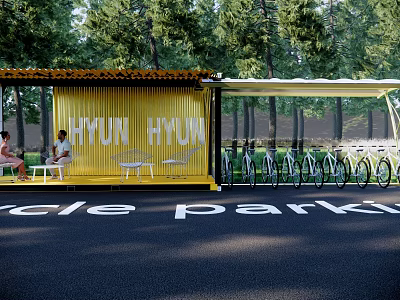 Bicycle Shelter With Cycle Parking Seating Area HYUN Signage And Trees Background 3d model