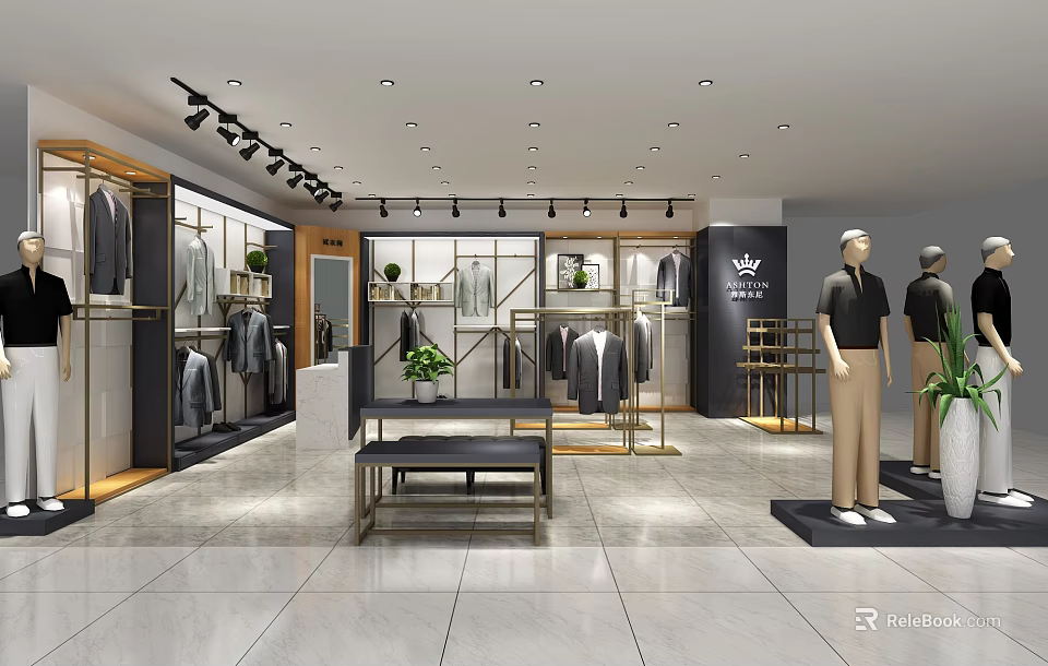 Modern Clothing Store Interior Design With Display Racks Mannequins Plants And Bench 3d model 