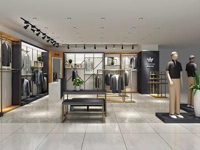 Modern Clothing Store Interior Design With Display Racks Mannequins Plants And Bench 3d model