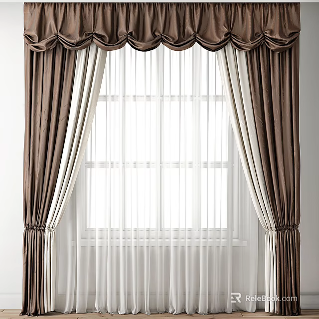 Elegant Brown Curtains With White Sheer Panels And Decorative Drape Top For Window 3d model 
