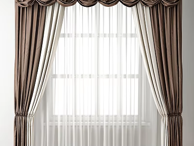Elegant Brown Curtains With White Sheer Panels And Decorative Drape Top For Window 3d model