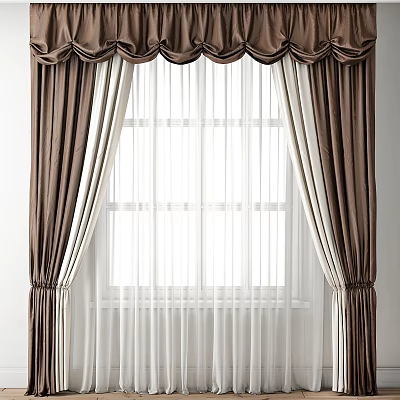 Elegant Brown Curtains With White Sheer Panels And Decorative Drape Top For Window 3d model