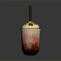 Bubble Milk Tea With Whipped Cream Red Drizzle Mint Leaf Black Straw And Tapioca Pearls