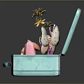 Butterfly In Light Blue Suitcase With Yellow Flowers Mushroom Skull And Pink Crystals