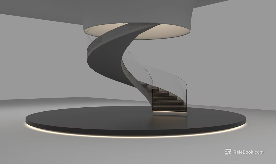 Modern Spiral Staircase With Black Design Transparent Railing And Circular Base Underfloor Lighting 3d model 