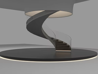 Modern Spiral Staircase With Black Design Transparent Railing And Circular Base Underfloor Lighting 3d model