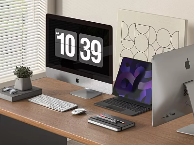 Modern Home Office Computer Setup With iMac Monitor MacBook And Desk Accessories 3d model