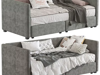 Modern Gray Fabric Kids Bed With Cozy Pillows And Soft Blanket Design 3d model