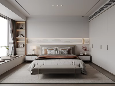 Modern Bedroom Interior Design With Large Bed Nightstands And Built In Wardrobes 3d model