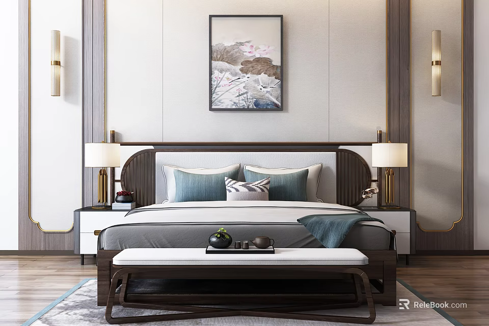 Modern Stylish Background Double Bed With Wooden Bedside Tables Table Lamps And Decorative Wall Art 3d model 