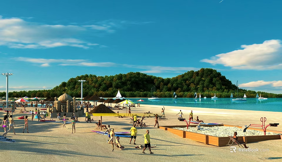 Vibrant Waterfront Landscape With Sandy Beach People Enjoying Playground Sailboats And Green Island 3d model 