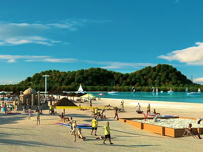 Vibrant Waterfront Landscape With Sandy Beach People Enjoying Playground Sailboats And Green Island 3d model