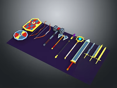 Various Medieval Weapons Collection Including Shield Bow Arrows Hammers Axes Staff And Swords 3d model