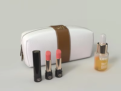 White Cosmetic Bag With Brown Strap Lipsticks And Serum Beauty Accessories 3d model