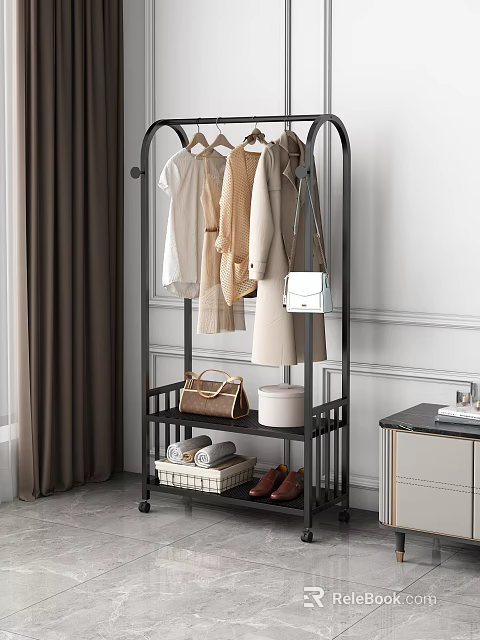 Modern Standing Clothes Rack With Hanging Clothes White Handbag Brown Tote Shoes And Towel Basket 3d model 