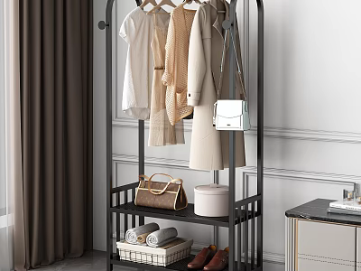 Modern Standing Clothes Rack With Hanging Clothes White Handbag Brown Tote Shoes And Towel Basket 3d model