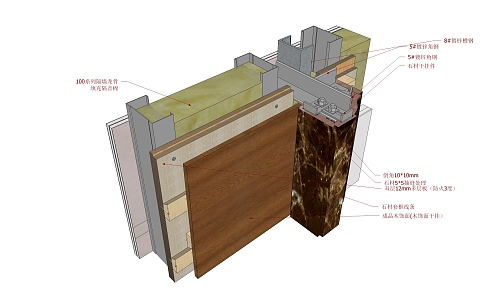 Modern node stone and wood veneer female angle butt joint 3d model