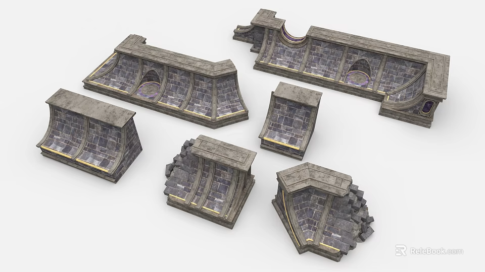 Ancient Stone Architectural Components with Arched Walls Step Structures and Panel Designs 3d model