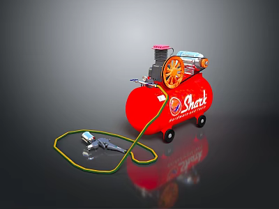 Portable Red Shark Air Compressor With Wheels Green Yellow Hose And Tool 3d model