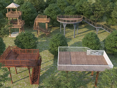 Outdoor Road Facilities Including Wooden Metal Observation Decks And Walkways Surrounded By Trees 3d model