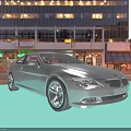 Silver BMW Sports Car Parked On Urban Street With Tall Buildings And Evening Lights