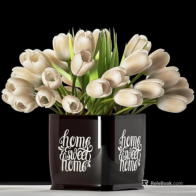 White Tulips Arranged in Two Vases with Home Sweet Home Design on Black Background 3d model 