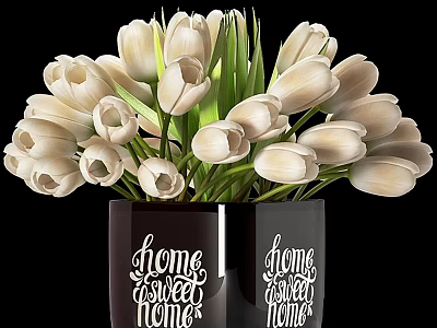 White Tulips Arranged in Two Vases with Home Sweet Home Design on Black Background 3d model
