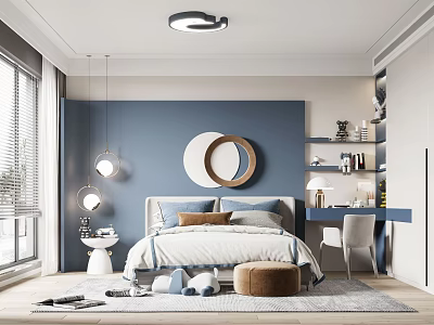 Kids Bedroom Interior With Blue Walls Round Mirror Bed Desk Chair Rug And Toys 3d model