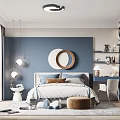 Kids Bedroom Interior With Blue Walls Round Mirror Bed Desk Chair Rug And Toys