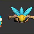 3D Cartoon Game Character With Blue Hair Yellow Cat Ear Hat Blue Dress White Cross