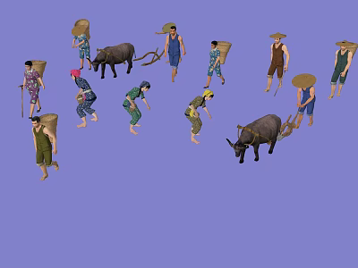 Group of Farmers Working in Field With Cattle and Traditional Hats 3d model