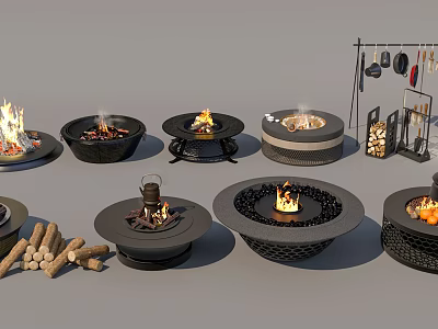 Stylish Outdoor Fire Pit Designs With Burning Flames And Wood Logs 3d model