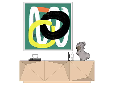 Abstract Art Decor With Green Background On Geometric Cabinet And Sculptures 3d model