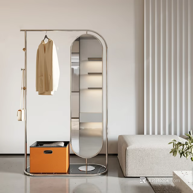 Modern Arc Metal Clothes Rack With Mirror Storage Box Sofa And Green Plant 3d model 