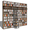 Modern Bookcase Interior Design With Multilayer Shelves Metal Ladder And Colorful Books