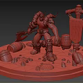 Horned Fantasy Warrior Character Wielding Axe With Barrels Banner And Stones On Diorama Base