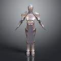 Futuristic Robot Character In Metallic Armor With Silver Detailed Design And Standing Pose