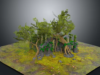 Lush Green Trees With Twisted Vines On Ancient Stone Pillars And Mossy Ground 3d model
