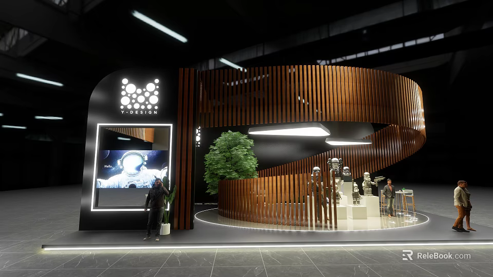 Modern Exhibition Space With Curved Wooden Structure Digital Screen And Green Plant 3d model 