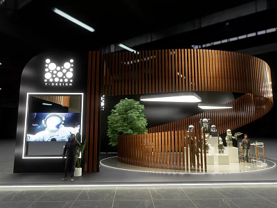 Modern Exhibition Space With Curved Wooden Structure Digital Screen And Green Plant 3d model