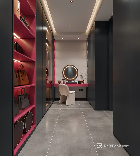Modern Luxury Walk in Closet Interior With Pink Black Cabinets Mirror And Chair 3d model 