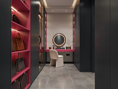 Modern Luxury Walk in Closet Interior With Pink Black Cabinets Mirror And Chair 3d model