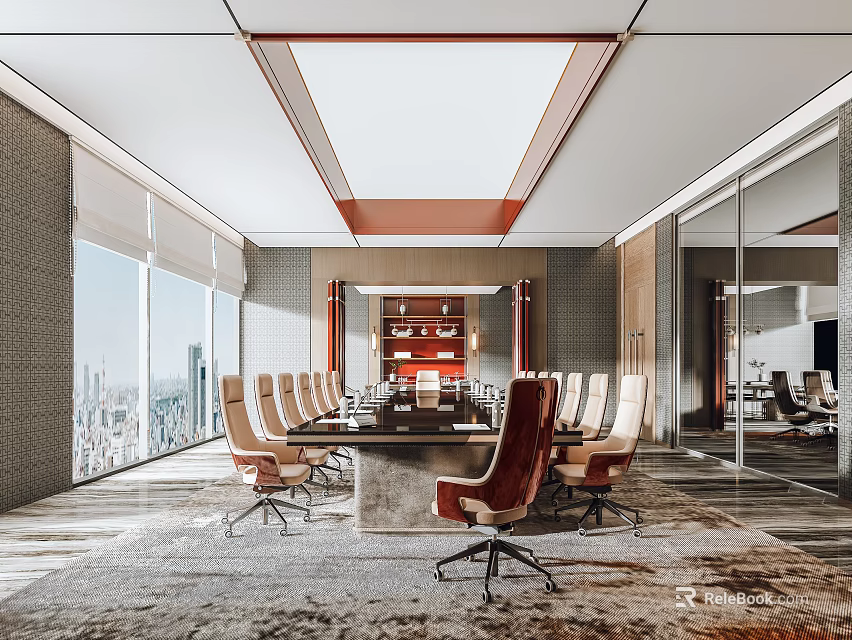 Modern Conference Room Interior With City View Long Table And Multiple Chairs 3d model 