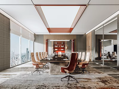 Modern Conference Room Interior With City View Long Table And Multiple Chairs 3d model