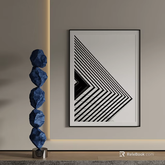 Framed Landscape Artwork With Black White Geometric Pattern And Blue Stone Decorations On Wall 3d model