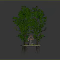 Cartoon Scene With Floating Platform Green Trees Small House And Hanging Roots