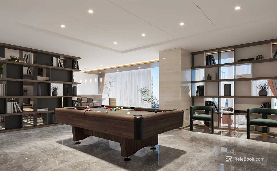 Contemporary Entertainment Room Interior Design With Wooden Pool Table Bookshelves And Seating 3d model 