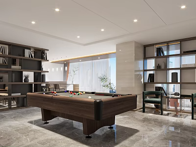 Contemporary Entertainment Room Interior Design With Wooden Pool Table Bookshelves And Seating 3d model